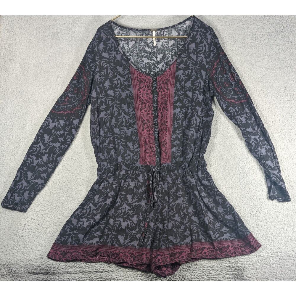 Free People Romper Womens Size S Black Red Floral Button Up Romper